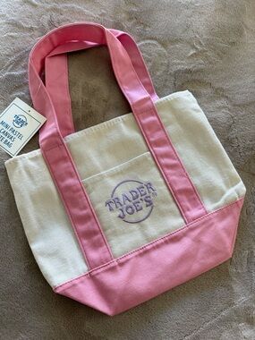 Trader Joe’s Mini Tote Pink & Cream Canvas Tote Bag New NWT